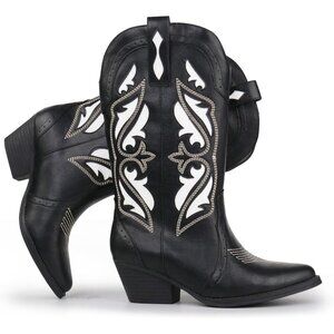 Brand New  Women's  Black Synthetic Leather Western Cowgirl Embroidered Boots